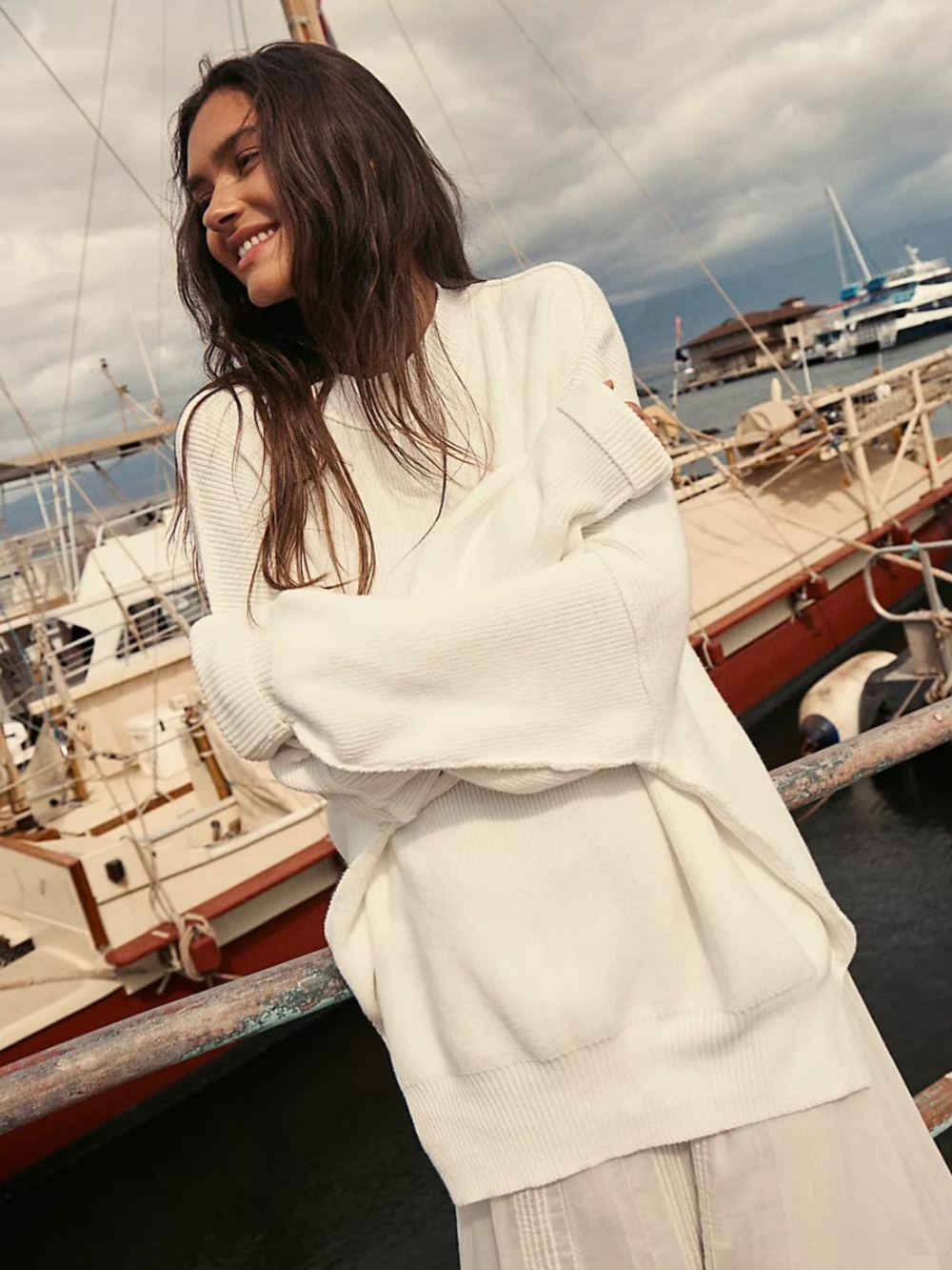 Free People Easy Street Tunic Ribbed Sweater in painted white